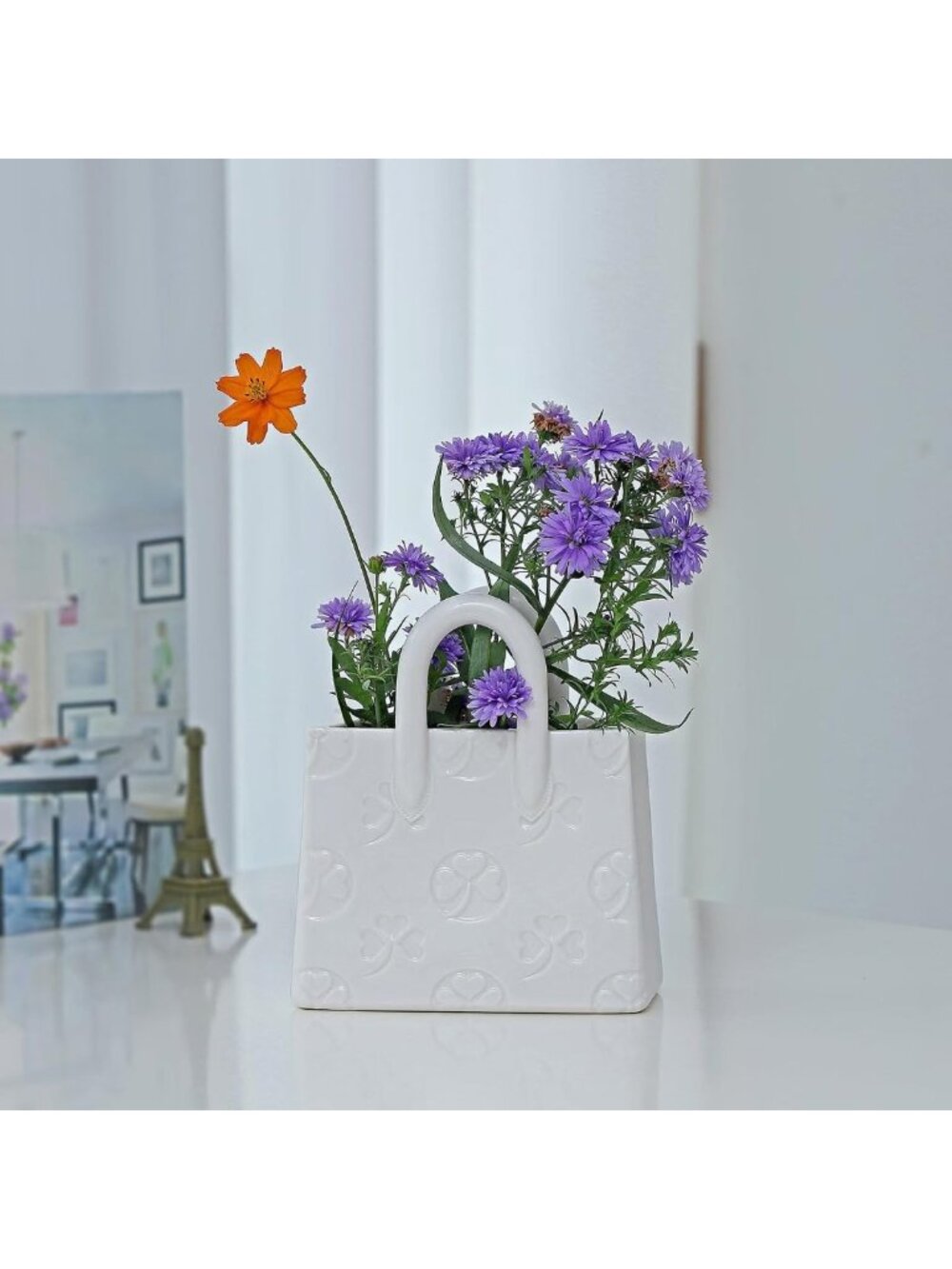 Delicate White Ceramic Vase, Handbag Shape, Clover Pattern for Home & Office